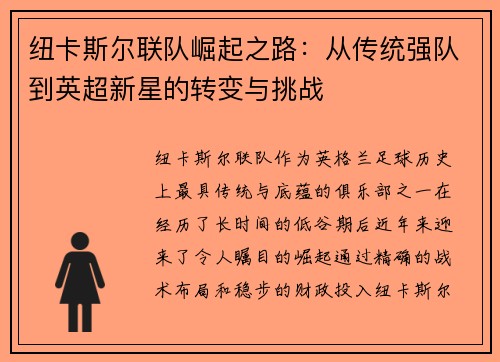 纽卡斯尔联队崛起之路:从传统强队到英超新星的转变与挑战