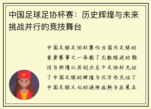 中国足球足协杯赛：历史辉煌与未来挑战并行的竞技舞台