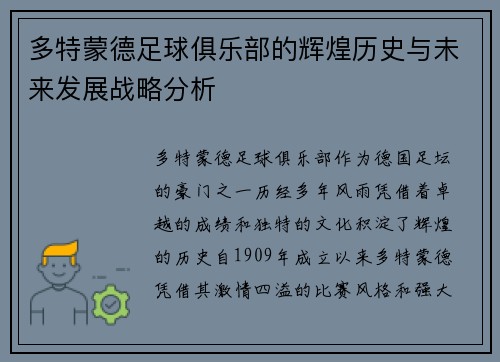 多特蒙德足球俱乐部的辉煌历史与未来发展战略分析