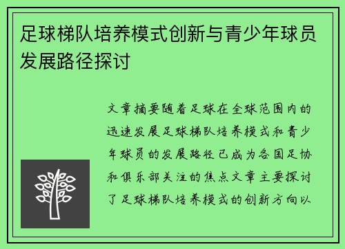 足球梯队培养模式创新与青少年球员发展路径探讨
