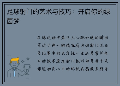 足球射门的艺术与技巧：开启你的绿茵梦